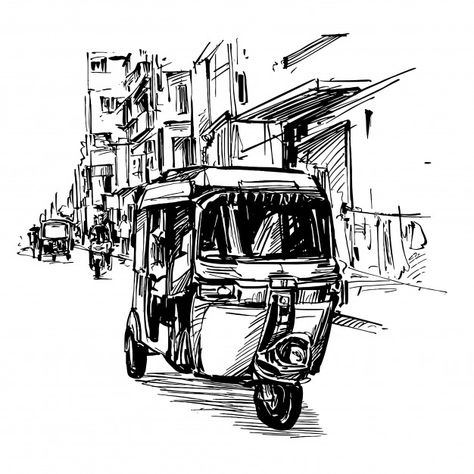 Drawing of the tricycle on street in ind... | Premium Vector #Freepik #vector #city #street #transport #taxi Drawing Dragon, Auto Rickshaw, Pen Art Work, Drawing Hands, Urban Sketch, Pen Art Drawings, City Drawing, Perspective Art, Architecture Drawing Art