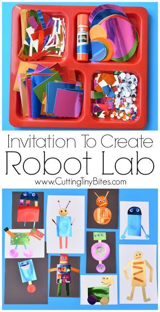 Invitation To Create: Robot Lab. Open ended creative paper craft for kids. Great for color and shape recognition & fine motor development. Perfect for preschoolers, kindergarteners, and elementary students. Invitation To Create, Fine Motor Development, Paper Craft For Kids, Motor Development, Invitation To Play, Aktivitas Montessori, Kindergarten Art, Toddler Learning Activities, Paper Crafts For Kids