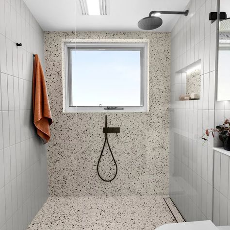 Bathroom Terrazzo Floor White Walls, Terrazzo And Subway Bathroom, Terrazzo Tile Shower Wall, Terrazo Small Bathroom, Terrazzo Shower Tile, Terrazzo Bathroom Tile, Terrazo Bathroom Interior Design, Terrazo Bathroom Flooring, Terrazzo Bad