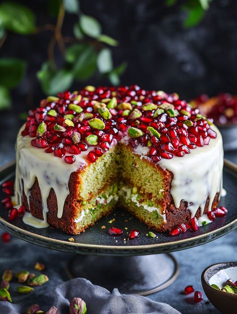 Luxurious Pistachio Pomegranate Cake 🍇  𝗜𝗻𝗴𝗿𝗲𝗱𝗶𝗲𝗻𝘁𝘀 🎂 - 1 cup unsalted butter, softened - 1 cup granulated sugar - 4 large eggs - 1 1/2 cups all-purpose flour - 1 cup ground pistachios - 1 teaspoon baking powder - 1/4 teaspoon salt - 1/2 cup milk - 1 teaspoon vanilla extract - 1/2 cup pomegranate seeds - 1/2 cup chopped pistachios for garnish Pistachio Pomegranate Cake, Pomegranate Cake, Pistachio Cake, Pomegranate Seeds, Cake Ingredients, Granulated Sugar, Christmas Cake, Unsalted Butter, 2 Cups