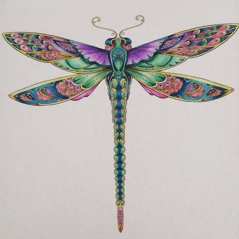 Dragonfly from Enchanted Forest by Johanna Basford. Faber Castell Polychromos and Lyra Rembrandt Pencils used Enchanted Forest Coloring Book Johanna Basford, Basford Enchanted Forest, Forest Coloring, Enchanted Forest Coloring Book, Joanna Basford Coloring, Johanna Basford Enchanted Forest, Enchanted Forest Coloring, Joanna Basford, Dragonfly Tattoo Design