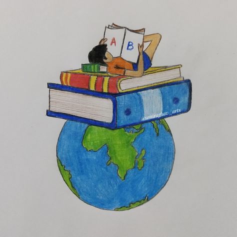 Library Designs For School, World Book Day Drawing, Book Day Drawings, School Day Drawing, World Book Day Poster Design, School Poster Drawing, My Dream World Drawing, World Literacy Day Posters, Library Drawing Easy