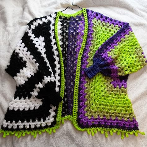 The Beetlejuice Inspired Cardigan UNISEX - Etsy Canada Pastel Goth Crochet, Inappropriate Crochet, Beetlejuice Outfit Ideas, Green And Purple Crochet, Crochet Beetlejuice, Purple Crochet Sweater, Beetlejuice Crochet, Geek Crochet, Grandma Era