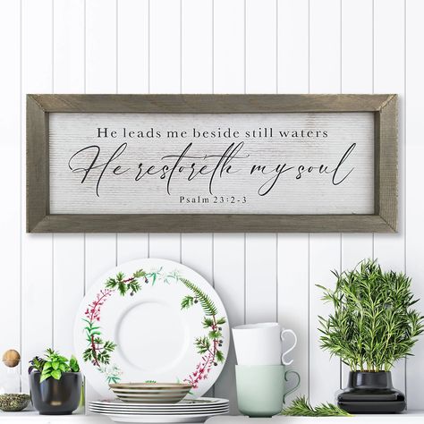 Psalm 23 Rustic Christian Wood Sign Amazing Faith Designs Farmhouse Scripture Signs, Scripture Wood Signs, Christian Home Decor Ideas, Wooden Farm Signs, Redecorate Room, Dining Room Rustic, He Restores My Soul, Scripture Wall Decor, Beside Still Waters