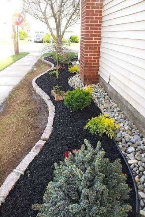 Use a spiral bed of shrubs and plants to add value to the front yard. Fill the small space adjacent with stones and mulch. Add the significant borders to give finesse. Mailbox Landscape, Border Landscape, House Mailbox, Fence Border, Landscaping Along Fence, Landscape Backyard, Landscaping Around House, Mulch Landscaping, Landscape Curbing