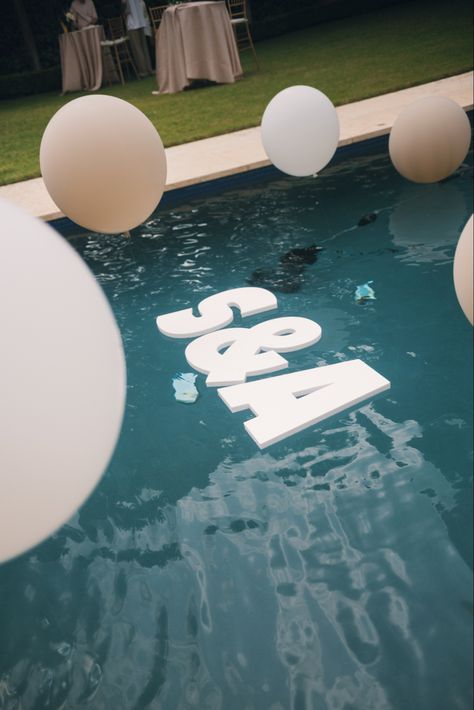 Engagement Party by Modern Party Co. Dallas, TX pool balloons, floating pool letters Pool Welcome Party Wedding, Pool Party Engagement Party Ideas, Wedding Pool Ideas, Post Wedding Pool Party, Engagement Party Poolside, Pool Side Engagement Party, Pool Party Engagement Party, Engagement Party Pool, Pool Engagement Party