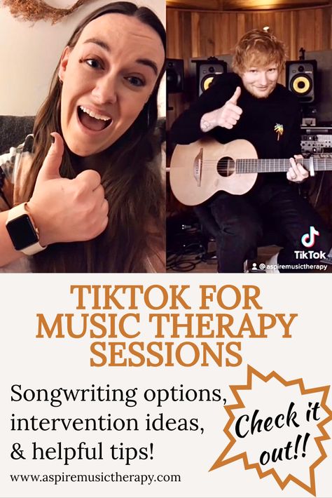 Picture of music therapist using "Duet" feature on TikTok with an Ed Sheeran video. Text reads "TikTok for Music Therapy Sessions. Songwriting options, intervention ideas, and helpful tips! Check it out! www.aspiremusictherapy.com" Music Therapy Activities For Adults Developmental Disabilities, Music Therapy Interventions, Music Therapy Activities, Songwriting Inspiration, School Based Therapy, Therapy Interventions, Write Songs, Differently Abled, Me Neither