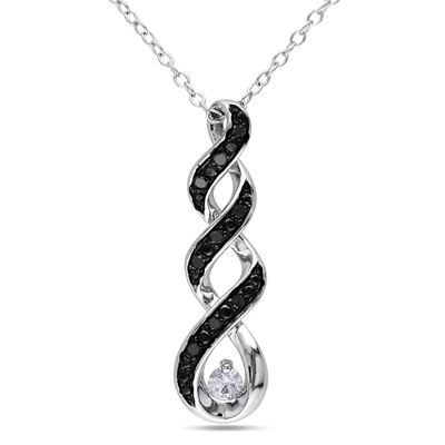 3.0mm Lab-Created White Sapphire and 1/10 CT. T.W. Enhanced Black Diamond Twist Pendant in Sterling Silver White Sapphire Necklace, Black Diamond Necklace, Peoples Jewellers, Pretty Jewelry, Sapphire Pendant, Sterling Silver Necklace Pendants, Drop Pendant, Birthstone Necklace, White Sapphire