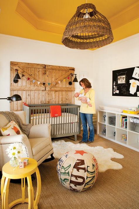 orange ceiling in babies room :) Neutral Nursery Rooms, Gender Neutral Baby Nursery, Nursery Room Themes, Baby Nursery Neutral, Barn Board, Tray Ceiling, Rustic Baby, Farm Theme, Nursery Neutral