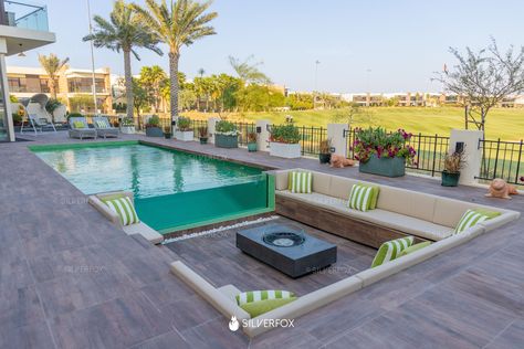 Custom Extensions by Silver Fox Swimming Pool With Fire Pit, Pool With Sunken Seating, Outdoor Sunken Seating Area, Pool With Sunken Fire Pit, Sunken Fire Pit Pool, Fire Pit And Pool Ideas, Pool With Sitting Area, Pool With Fire Pit Area, Sunken Fire Pit With Seating