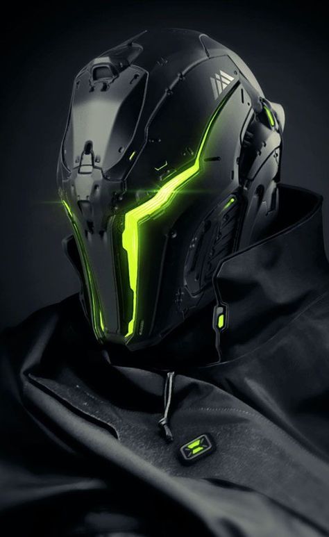 JOJO POST DIGI: HELMET, Cyberpunk, Android, Robot, Futuristic, Sci-Fi, Military, Star gate, Cyborg, Cabuto, Clothing, Fashion, Future, Armor, Mask. Communication. Neon, Mask, Green, Black