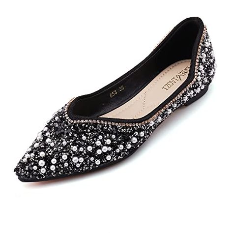 Women's Rhinestone Flats Fashion Pointed Toe Pearl Diamond Low Heel Dress Wedding Flats Work Business Dance Ballet Flats Sparkly Flats, Fashion Shoes Flats, Dance Ballet, Elegant Heels, Rhinestone Flats, Wedding Flats, Rhinestone Shoes, Gold Flats, Womens Ballet Flats