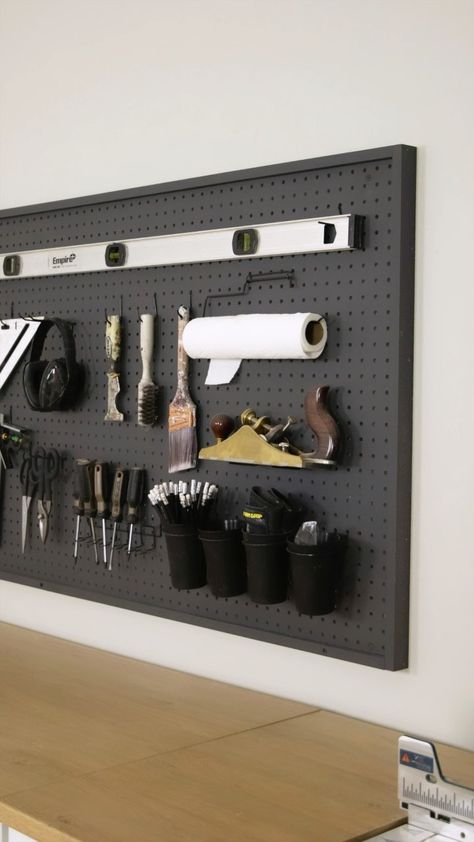 Black Pegboard, Pegboard Garage, Garage Workshop Layout, Garage Workbench Plans, Basement Workshop, Pegboard Storage, Garage Organization Tips, Storage Shed Organization, Garage Workshop Organization