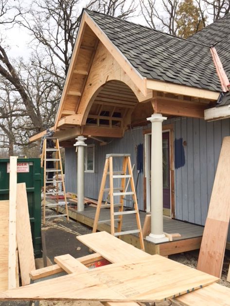 Front Porch Addition To Hip Roof, Roof Before And After, Change Roof Pitch Before And After, Porch Gable, French Country Cottages, Exterior Home Renovation, Front Porch Addition, House Before And After, Craftsman Design