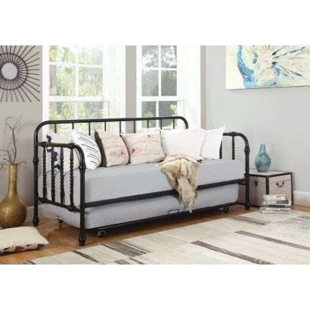 Coaster Twin Metal Daybed in Black Wrought Iron Daybed, Iron Daybed, Black Daybed, Mid Century Daybeds, Metal Daybed With Trundle, Trundle Mattress, Twin Daybed With Trundle, Twin Daybed, Metal Daybed