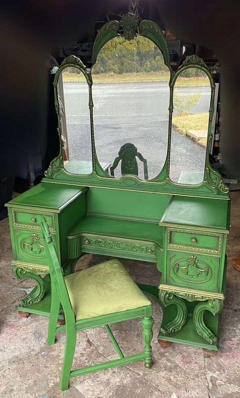 SOLD Please Do Not Purchase - Etsy Painted Mirror Art, Antique Vanity Set, Goth Bride, Restored Furniture, Old Vanity, Green Vanity, Revamp Furniture, Painted Vanity, Painted Desk