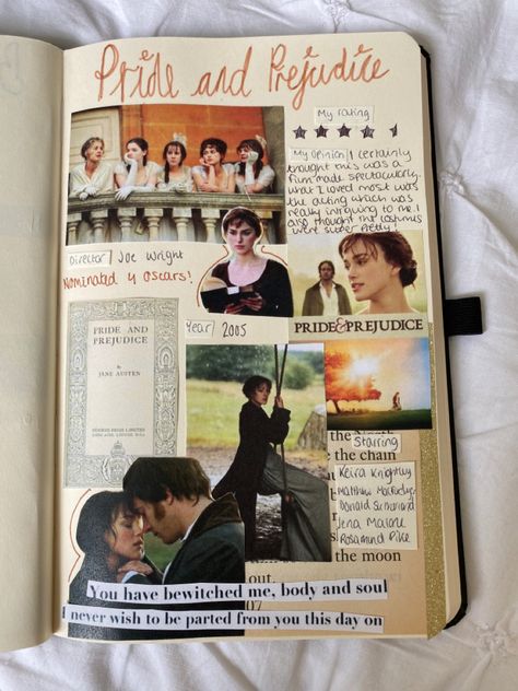 Page in my film journal! Movie Journaling Ideas, Reading Journal Collage, Reading Journal Scrapbook, Journal Movie Page, Movie Journal Aesthetic, Film Journal Cover, Film Journal Aesthetic, Movie Journal Page, Pride And Prejudice Journal