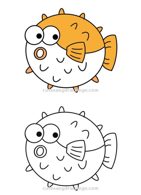 Draw a Cartoon Puffer Fish for Kids How To Draw Puffer Fish, Fish Cute Drawing, How To Draw A Fish, Puffer Fish Cartoon, Puffer Fish Drawing, Cute Fish Drawing, Fish Drawing Ideas, Fish Drawing For Kids, Christmas Drawings For Kids