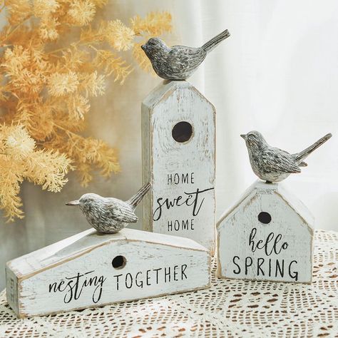 PRICES MAY VARY. Spring Farmhouse Style: These three wooden birdhouse-shaped table decors are designed to infuse a touch of spring farmhouse style into your home, bringing a fresh and welcoming vibe. Distressed Whitewashed Finish: Each piece features a distressed whitewashed finish, imparting a rustic charm that enhances the overall aesthetic, creating a vintage and weathered appearance. Lively Hummingbird Detail: Adding a lively element to the decors, each piece includes a small hummingbird fig Shabby Chic Birdhouse, Wooden Table Decor, Farmhouse Spring Decor, Birdhouse Ornaments, Wooden Birdhouse, Spring Farmhouse, Farmhouse Decoration, Bird Ornaments, Screened Porch