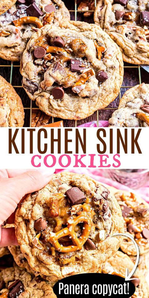 Better than Panera, these Kitchen Sink Cookies are soft and chewy and loaded with chocolate chunks, chocolate chips, pretzel pieces, pecans and caramels. These fun cookies are easy to make in just one bowl, ready in 30 minutes and always a hit! Carmel Pretzel Cookie, Aldi Kitchen Sink Cookies, Salted Caramel Pretzel Cookies, Cookies With Pretzels In Them, Everything But The Kitchen Sink Cookies, Panera Kitchen Sink Cookie Recipe, Kitchen Sink Cookies Panera, Cookie Pretzel, Pantry Cookies