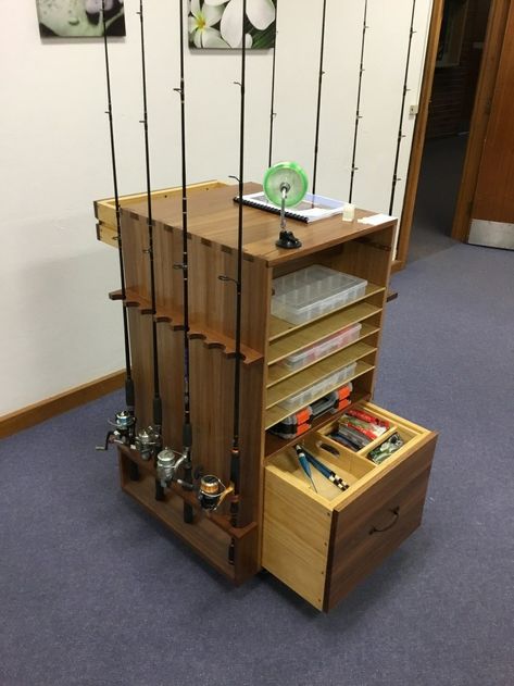 Fishing Shed Ideas, Fishing Garage Ideas, Fishing Organization Ideas, Fishing Station, Fishing Cabinet, Pvc Fishing Rod Holder, Diy Fishing Rod Holder, Diy Fishing Rod, Fishing Gear Storage