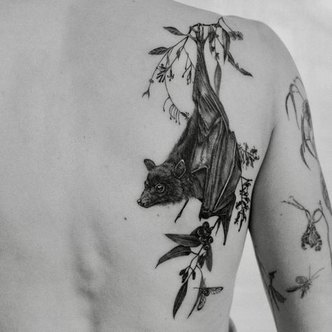 Mysterious Creatures Art, Bat Sketch Tattoo, Cute And Spooky Tattoos, Sleeping Bat Tattoo, Bat Tattoo Leg, Bat Lady Tattoo, Woodland Animal Tattoo, Realistic Bat Tattoo, Hanging Bat Tattoo