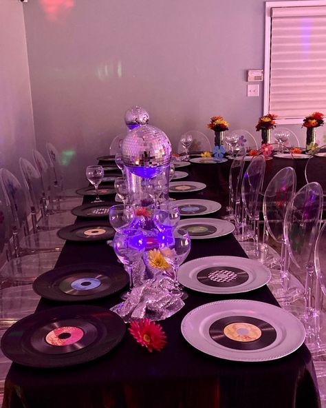 70s Disco Sweet 16, 1970s Disco Party, Disco Party Snack Table, Backyard Boogie Party Theme, Disco Theme Table Setting, 70s Disco Table Decorations, Disco Party Table, Disco Table Decor, Disco Prom Centerpiece