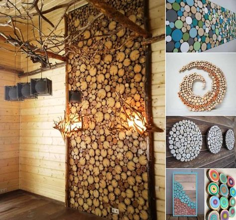 A rustic wall art idea is this one which you can create by chopping wood into slices. Either cut branches or cut logs to create these stunning pieces. You can use a wood adhesive to stick the slices to a plywood board. Wooden Wall Design, Wood Wall Design, Interior Wall Design, Scandinavian Home, Wood Slices, Room Wall Decor, Wooden Doors, Interior Design Trends, Interior Walls