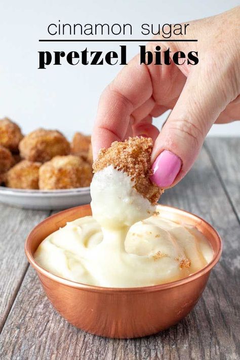 This recipe is so much better than anything you can find at the mall.  These Cinnamon Sugar Pretzel Bites are soft and perfect dipped into a sweet cream cheese frosting!  #soft #bites #easy #recipe #dip #homemade #best Cinnamon Sugar Pretzel Bites, Pretzel Dip Recipes, Cinnamon Pretzels, Pretzel Bites Recipes, Cinnamon Sugar Pretzels, Pretzel Dip, Sweet Dips, Pretzels Recipe, Cream Cheese Dips