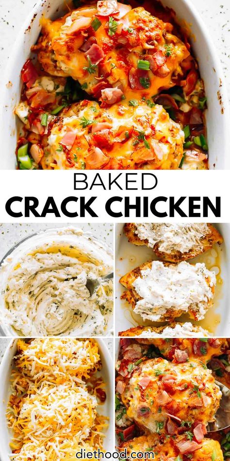 This baked Crack Chicken is an easy recipe prepared with juicy chicken breasts loaded with melty cheese, ranch seasoning, and crispy bacon. Baked Cracked Chicken Recipes, Baked Cracked Chicken Breast, Baked Cracked Chicken, Easy Chicken Bake Recipes, Ranch Baked Chicken, Chicken Bacon Ranch Bake, Boneless Skinless Chicken Breast Recipes, Oven Baked Chicken Breast, Skinless Chicken Breast Recipes