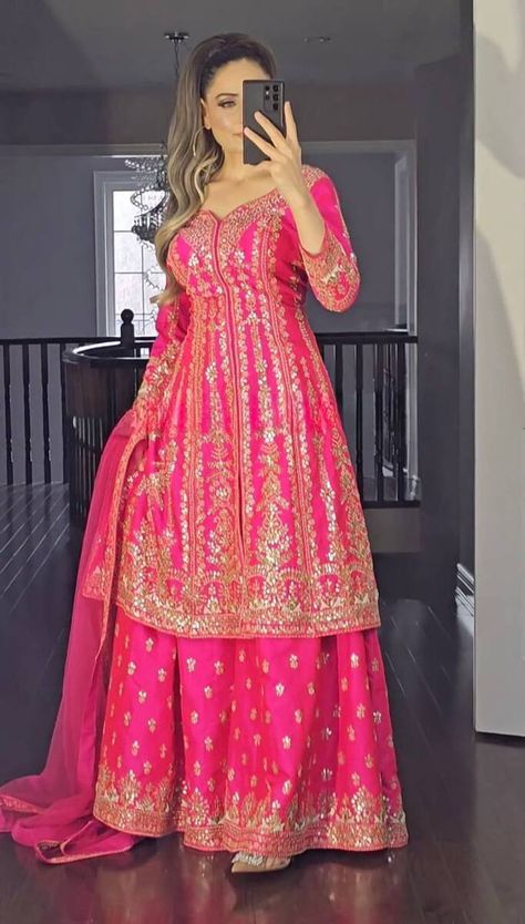 Get ready to dazzle in these stunning women's party kameez Pakistani dress suits. Made of heavy faux georgette material, these palazzo suits come in beautiful ranipink color. Stitch up to size L, XL, XXL (Max 44 inches) and perfect for weddings and parties. #PakistaniDressSuit #IndianBollywoodFashion #BridalFashion #WomenPartyWear #GetReadyToDazzle [EMOJI] [EMOJI] #eBay #eBayStore #eBaySeller #Doesnotapply #PalazzoSuit #India #HeavyFauxGeorgette #Women #ranipink #BridalFashion https://ebay.... Pink Sharara Suit, Sharara Outfits, Pakistani Dresses Party, Pink Sharara, Sharara Designs, Full Sleeve Top, Bollywood Dress, Salwar Dress, Suit For Women