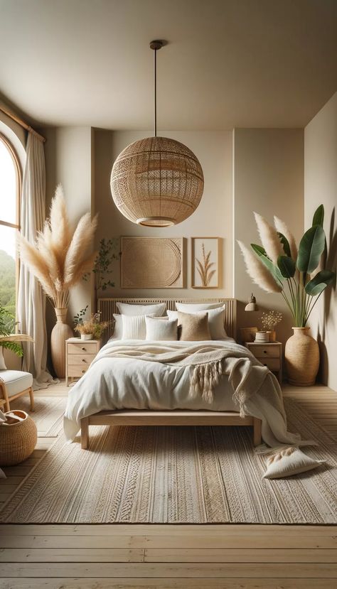 Minimalistic Bohemian Bedroom, Boho Hat Wall Bedroom, Rustic Style Apartment, Diy Bedroom Renovation, Bedroom Style Ideas Bohemian, Boho Interior Style, Beige Decor Bedroom, Boho Design Home, 2024 Bedroom Inspiration