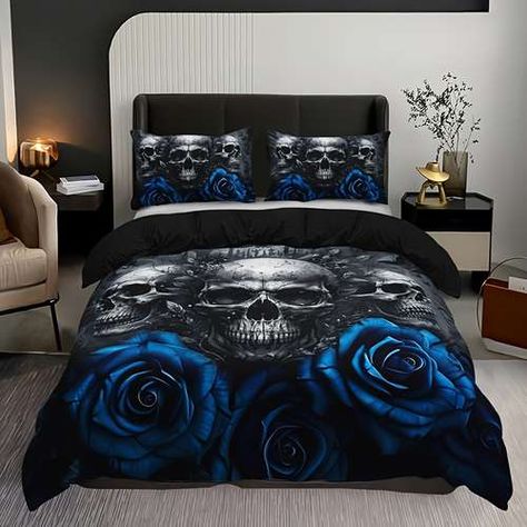 Rose Comforter, Duvet Covers Cheap, Skull Bedding, Blue Comforter, Rose Skull, Bedroom Guest, Bed Sets, Black Bedding, Quilt Set