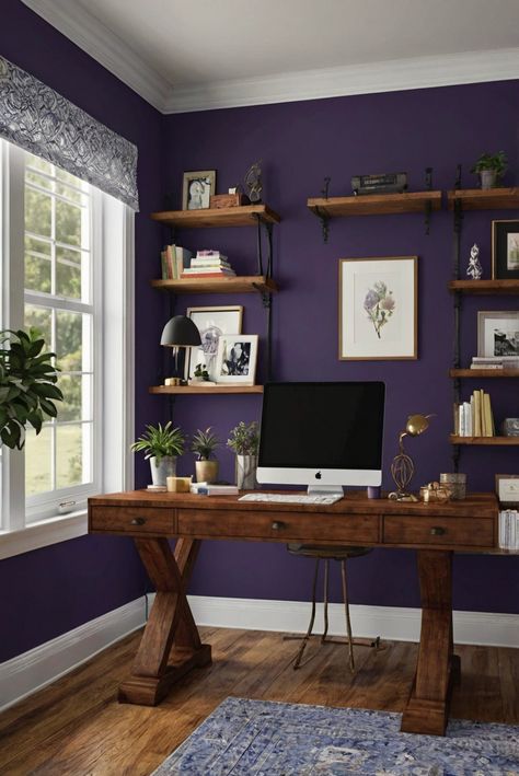 home office design, home office decor, home office furniture, home office organization Home Decor Ideas Purple, Purple Interior Design Office, Purple And Grey Office Ideas, Dark Purple Dining Room, Purple Accent Wall Office, Lavender Office Ideas, Purple Home Office Ideas, Light Purple Rooms, Purple Walls Living Room