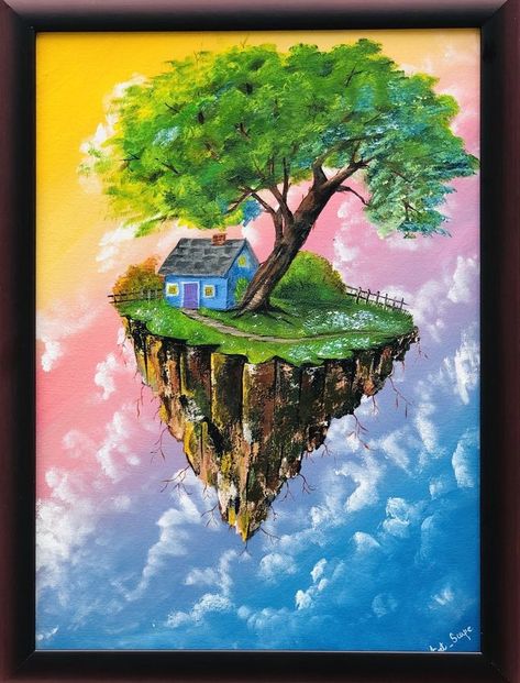 Floating Island Painting, Floating Islands, Sunset Artwork, Floating Island, Trippy Painting, Landscape Art Painting, 3d Drawings, Fantasy Paintings, Mural Wall Art