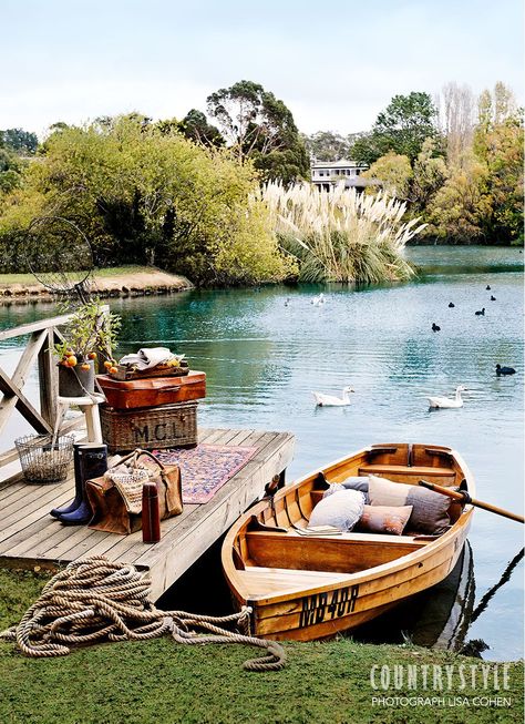 Man Made Lake Ideas, Boat Dock Decorating Ideas, Man Made Lake, Boat Picnic, Country Pond, Country Life Style, Daylesford Victoria, Lake House Furniture, Country Style Magazine