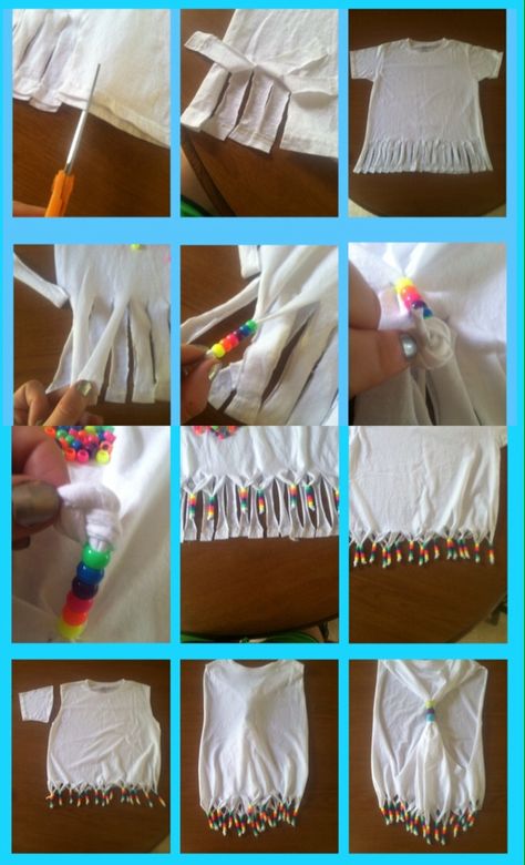 Diy Fringe Tshirt With Beads, How To Make Fringe Shirts, Fringe Clothing Diy, How To Make A Fringe Shirt, How To Fringe A Shirt, Diy Beaded Shirt, Diy Fringe Shirt, Beaded Fringe Shirt, Fringe Diy