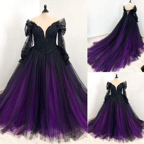 Gothic Black Purple Wedding Dresses Long Sleeves Lace Off Shoulder Bridal Gowns | eBay Purple Fantasy Wedding Dress, Plus Size Wedding Dresses Purple, Purple Wedding Dresses The Bride, Purple And Black Wedding Dresses, Purple Gothic Wedding Dress, Dark Purple Prom Dress Long Sleeve, Black White And Purple Wedding, Purple Wedding Dress The Bride, Purple And Black Wedding Dress