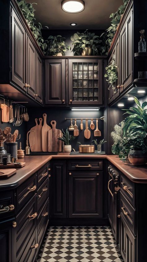 Black White Cottage Kitchen, Small Kitchens With Dark Cabinets, Moody Kitchen Apartment, Dark Interior Small Apartment, House With Wood Accents Interior, Moody Industrial Kitchen, Craftsman Style Homes Kitchen, 1920 Remodel Home, Dark Academia Aesthetic Home Interior