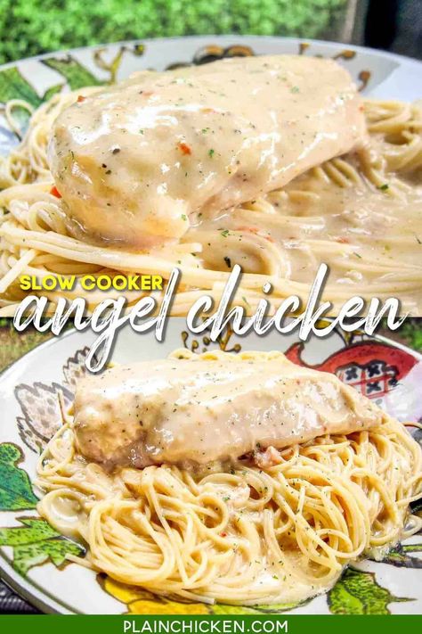 Slow Cooker Angel Chicken, Angel Chicken, Chicken Crockpot Recipes Easy, Italian Dressing Mix, Plain Chicken, Angel Hair Pasta, Chicken Crockpot, Crockpot Dishes, Chicken Slow Cooker Recipes