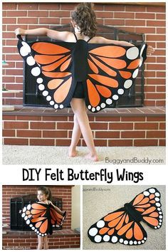 DIY Felt Butterfly Wings: This easy, no sew butterfly costume uses felt or flannel and glue! Easy to follow tutorial. Perfect homemade costume for Halloween, imaginative or creative play or a butterfly festival! #buggyandbuddy #diycostume #halloween #halloweencostume #costumes #handmadecostume #butterflies #butterflywings #butterflycostume Butterfly Wings Tutorial, Butterfly Wings Diy, Butterfly Costume Kids, Diy Butterfly Costume, Butterfly Halloween Costume, Butterfly Wings Costume, Spider Costume, Diy Wings, Great Halloween Costumes