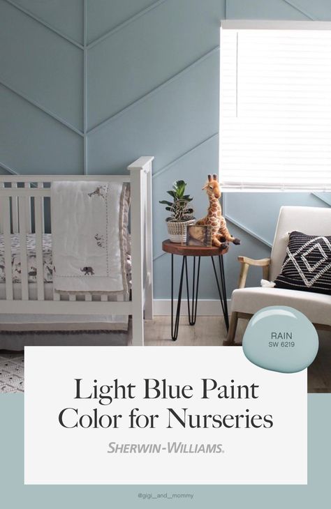 Make your nursery cute-as-can-be with the light blue paint color Rain SW 6219 from Sherwin-Williams. To see this happy hue in your home, tap this pin to order a free color chip. #sherwinwilliams #diy #homedecor #nursery #paint #diyprojects #homeimprovement #blue #babyblue Sage Blue Nursery, Dusty Blue Accent Wall Nursery, Playroom Blue Walls, Best Blue Paint For Nursery, Light Blue Accent Wall Nursery, She Twin Williams Light Blue, Sw Nursery Paint Colors, Best Blues For Nursery, Pale Blue Paint Colors Bedroom