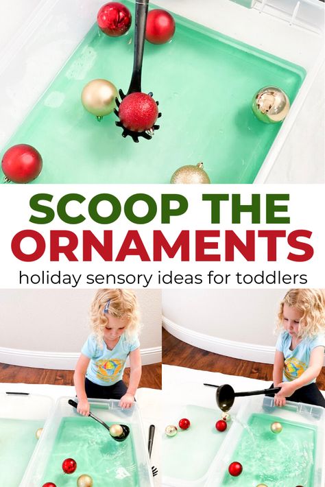 Ornament Scooping | Holiday Sensory Ideas for Toddlers - Toddler Approved Scooping Activities, Sensory Ideas For Toddlers, Christmas Sensory Play, Sensory Play Activities, Make An Ornament, Christmas Sensory, Christmas Activities For Toddlers, Preschool Christmas Activities, Maluchy Montessori