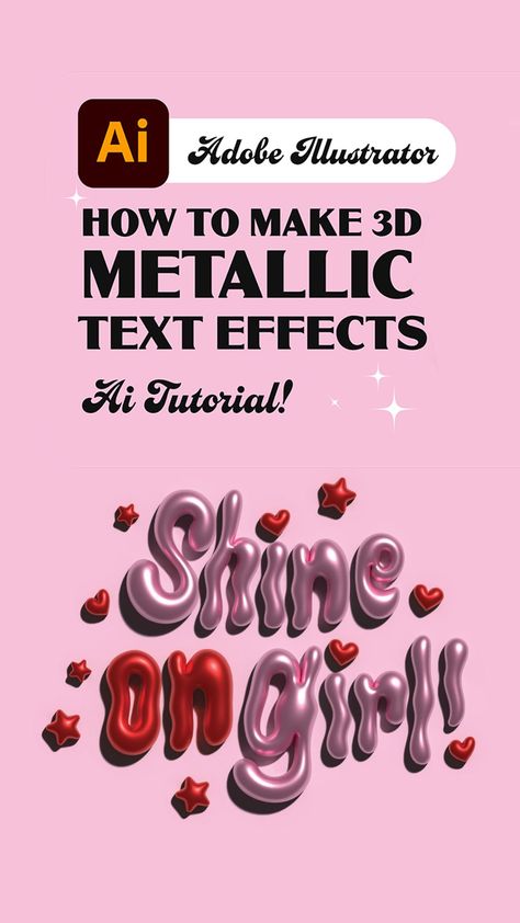 Make 3D Metallic Text in Adobe Illustrator Illustrator Metallic Effect, How To Create Fonts In Illustrator, Adobe Text Tutorial, 3d On Illustrator, Adobe Illustrator Prompts, 3d Metallic Design, Chrome Text Illustrator, Inflated Text Illustrator, 3d Effect Illustrator Tutorial