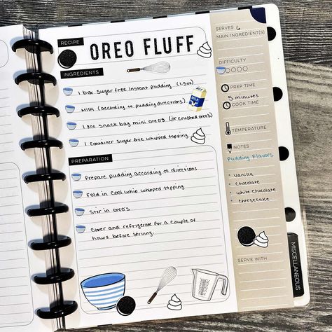 Happy Planner Recipe Book Ideas, Happy Planner Recipe, Oreo Fluff Recipe, Recipe Journaling, Notebook Recipes, Whipped Topping Recipe, Cook Book Recipe, Recipe Writing, Scrapbook Recipe Book