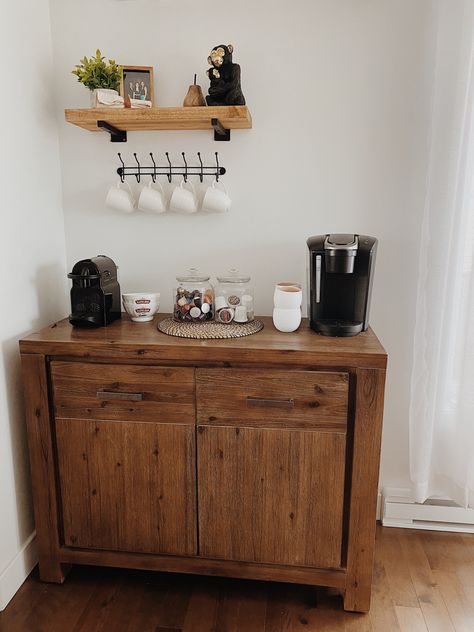 Waiting Room Coffee Station, Coffee Bar Simple, Small Corner Coffee Bar Ideas, Cottage Coffee Bar, Coffee Area In Kitchen, Small Coffee Station Ideas, Simple Coffee Bar Ideas, Wooden Coffee Bar, Coffee Bar Cabinet