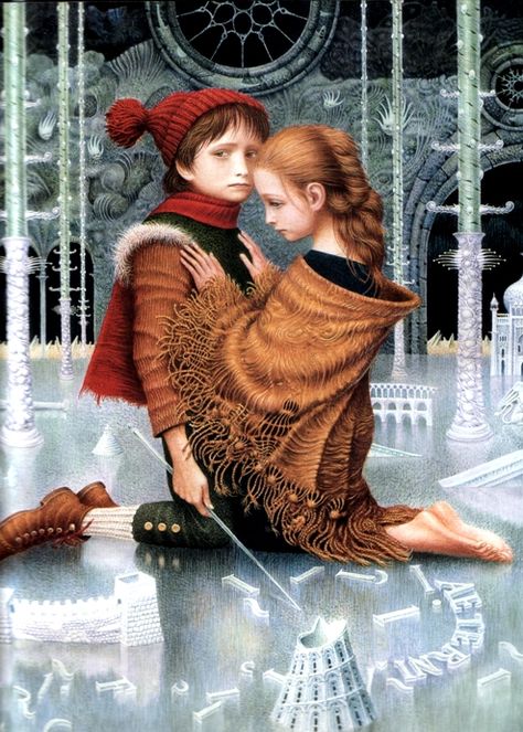 Gerda finds Kai at the Snow Queen's palace. The word "eternity" is written with the pieces of ice. Snow Queen Illustration, Fairy Tale Images, Hans Christian Anderson, The Snow Queen, 동화 삽화, Fairy Tale Illustration, Fairytale Fantasies, Photo D Art, Fairytale Illustration