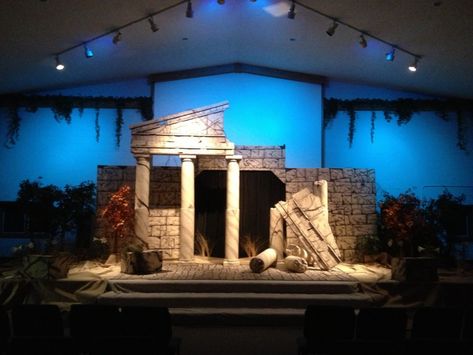 Broken Pillars | Church Stage Design Ideas Assembly Of God, Greek Plays, Ancient Greek Theatre, Church Stage Design Ideas, Greek Decor, Stage Design Ideas, Assemblies Of God, Vbs Themes, Set Design Theatre