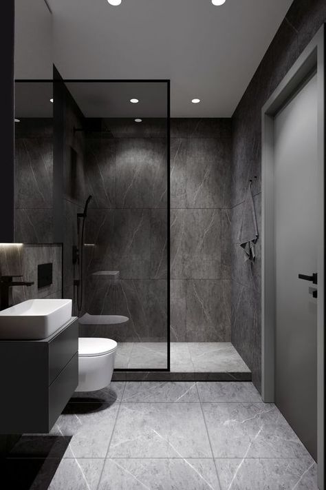 Bathroom Interior Design Luxury Black, Small Grey Bathrooms, Bathroom Interior Design Luxury, Black Tile Bathrooms, Bathroom Wall Tile Design, Grey Bathrooms Designs, Modular Bathrooms, Interior Design Bathroom, Bathroom Design Styles