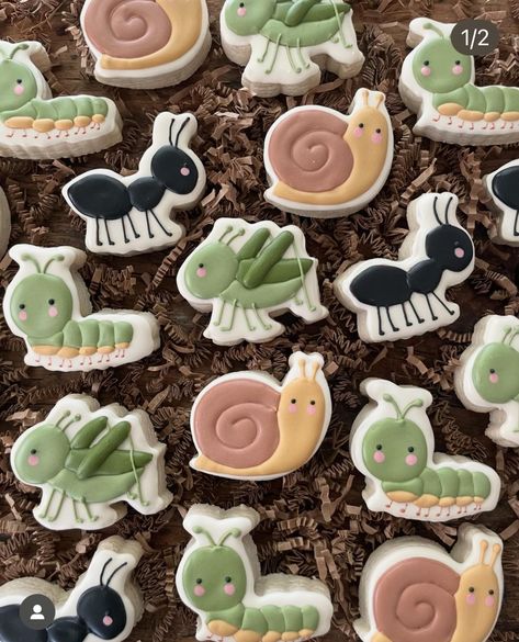 Girl Bug Birthday Party, Bug Cookies Decorated, Bug Themed Cookies, Bug Sugar Cookies, Bug Themed Cupcakes, Bug Snax Birthday, Insect Cookies, Bug Cookies, Themed Cookies